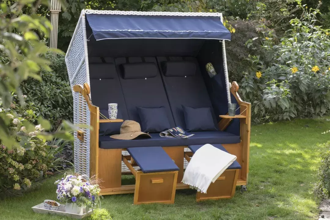 Strandkorb Baltic Dreisitzer PE Weiß Dessin Royal Blau 7 Strandkorb Baltic Dreisitzer PE Weiß Dessin Royal Blau – Bild 5