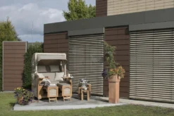 Strandkorb Amrum Teak PE Shell Dessin 586 -Schemel Shop 01434 Strandkorb Amrum Teak Bullaugen shell 534 milieu 2