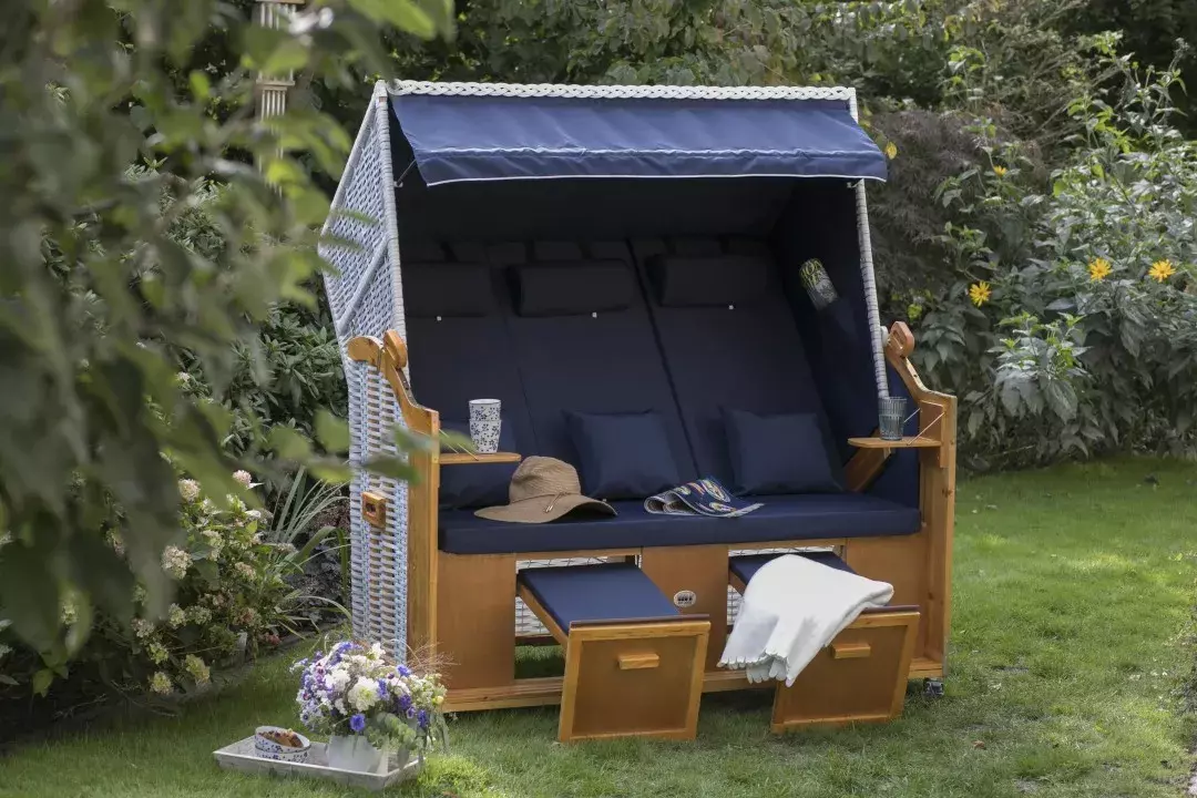 Strandkorb Baltic Dreisitzer PE Weiß Dessin Uni Blau 7 Strandkorb Baltic Dreisitzer PE Weiß Dessin Uni Blau – Bild 5