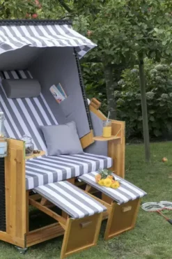 Strandkorb Baltic PE Schwarz Dessin Oliv Grau -Schemel Shop 02400 strandkorb ostsee schwarz grau weiss miliieu 1