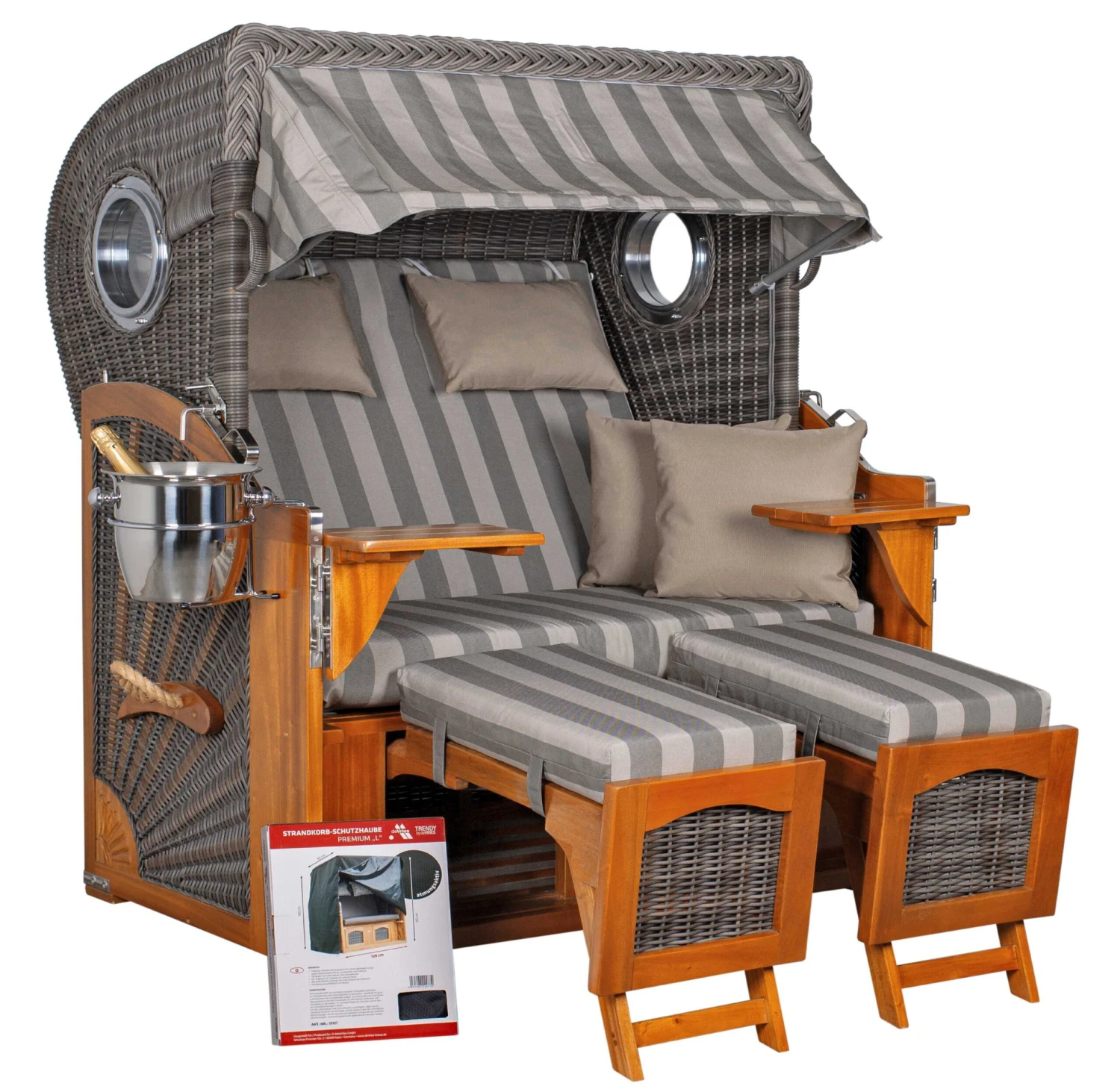 Strandkorb Komplettset Koos Mahagoni PE Grey Dessin Grau Gestreift 3 Strandkorb Komplettset Koos Mahagoni PE Grey Dessin Grau Gestreift