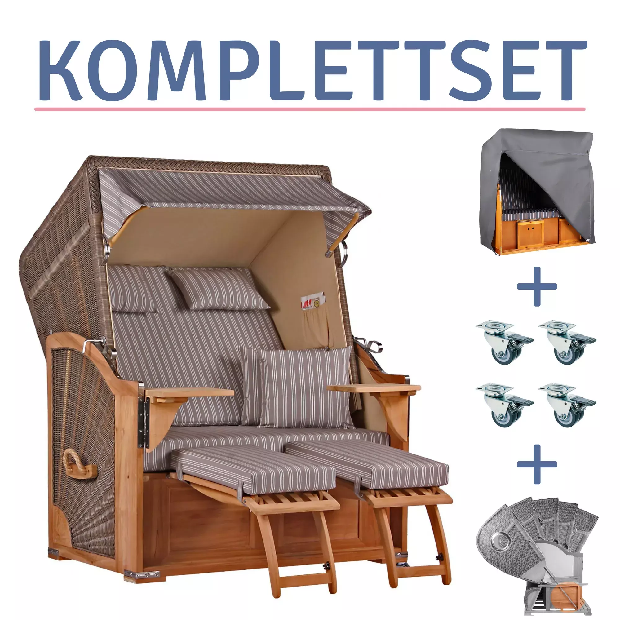 Strandkorb Spiekeroog Teak PE Grey Dessin 501-KOMPLETTSET 3 Strandkorb Spiekeroog Teak PE Grey Dessin 501-KOMPLETTSET