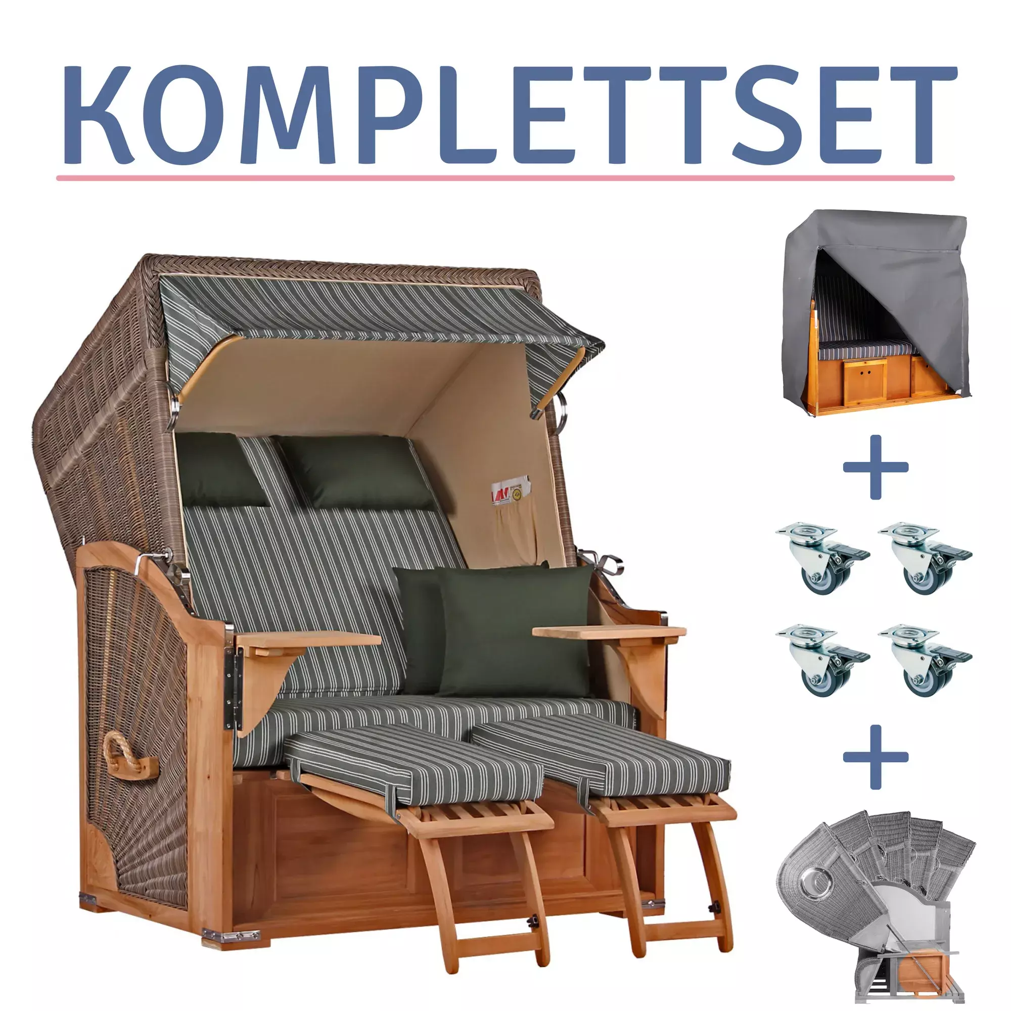 Strandkorb Spiekeroog Teak PE Grey Dessin 504-KOMPLETTSET 3 Strandkorb Spiekeroog Teak PE Grey Dessin 504-KOMPLETTSET