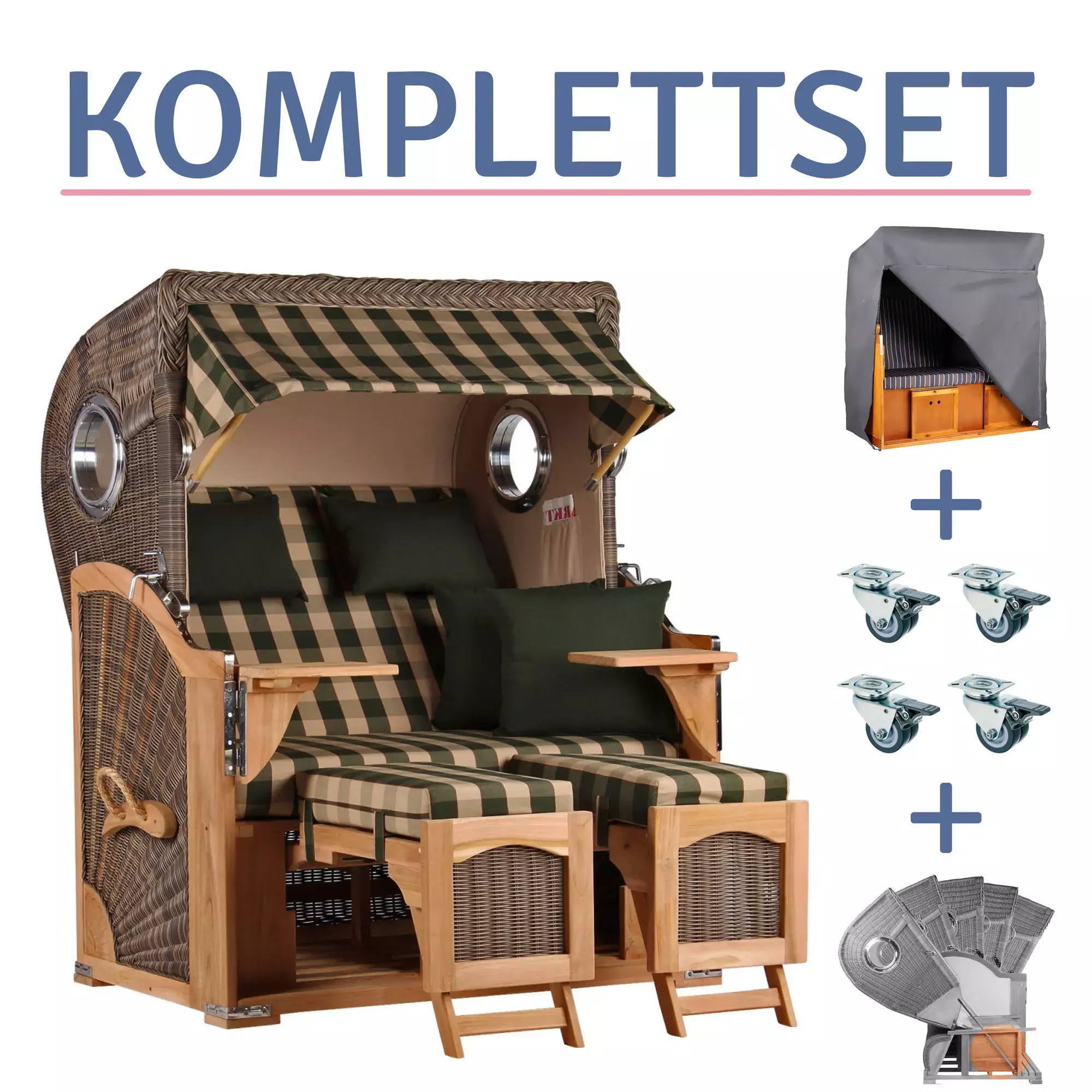 Strandkorb Amrum Teak PE Grey Dessin 506-KOMPLETTSET 3 Strandkorb Amrum Teak PE Grey Dessin 506-KOMPLETTSET