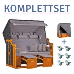 Strandkorb Baltic Dreisitzer PE Schwarz Dessin Uni Grau-KOMPLETTSET