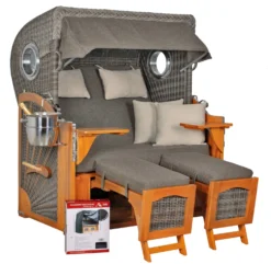 Strandkorb Komplettset Koos Mahagoni PE Grey Dessin Uni Grau