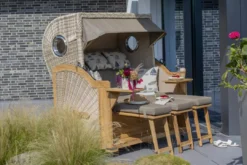 Strandkorb Norderney XXL Teak Bullauge PE Shell Dessin 551 -Schemel Shop strandkorb norderney xxl bullauge teak pe shell dessin 51810 1