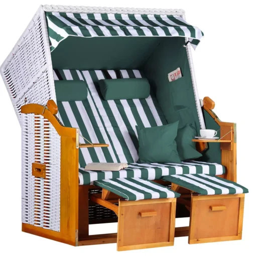 Strandkorb Baltic PE Weiß Dessin Grün Weiß -Schemel Shop strandkorb ostsee pe weiss dessin gruen gestreift 02303