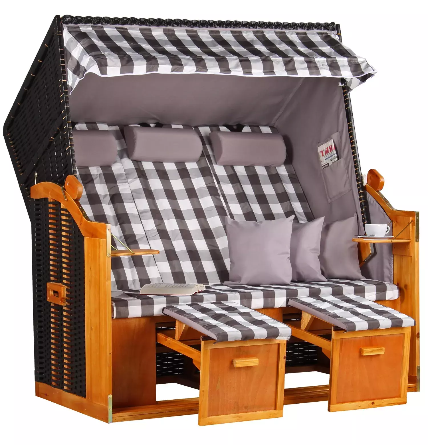 Strandkorb Baltic Dreisitzer PE Schwarz Dessin Grau Kariert 2 Strandkorb Baltic Dreisitzer PE Schwarz Dessin Grau Kariert