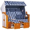 Strandkorb Baltic Dreisitzer PE Weiß Dessin Karo Blau -Schemel Shop strandkorb dreisitzer natur weiss karo blau sc00770