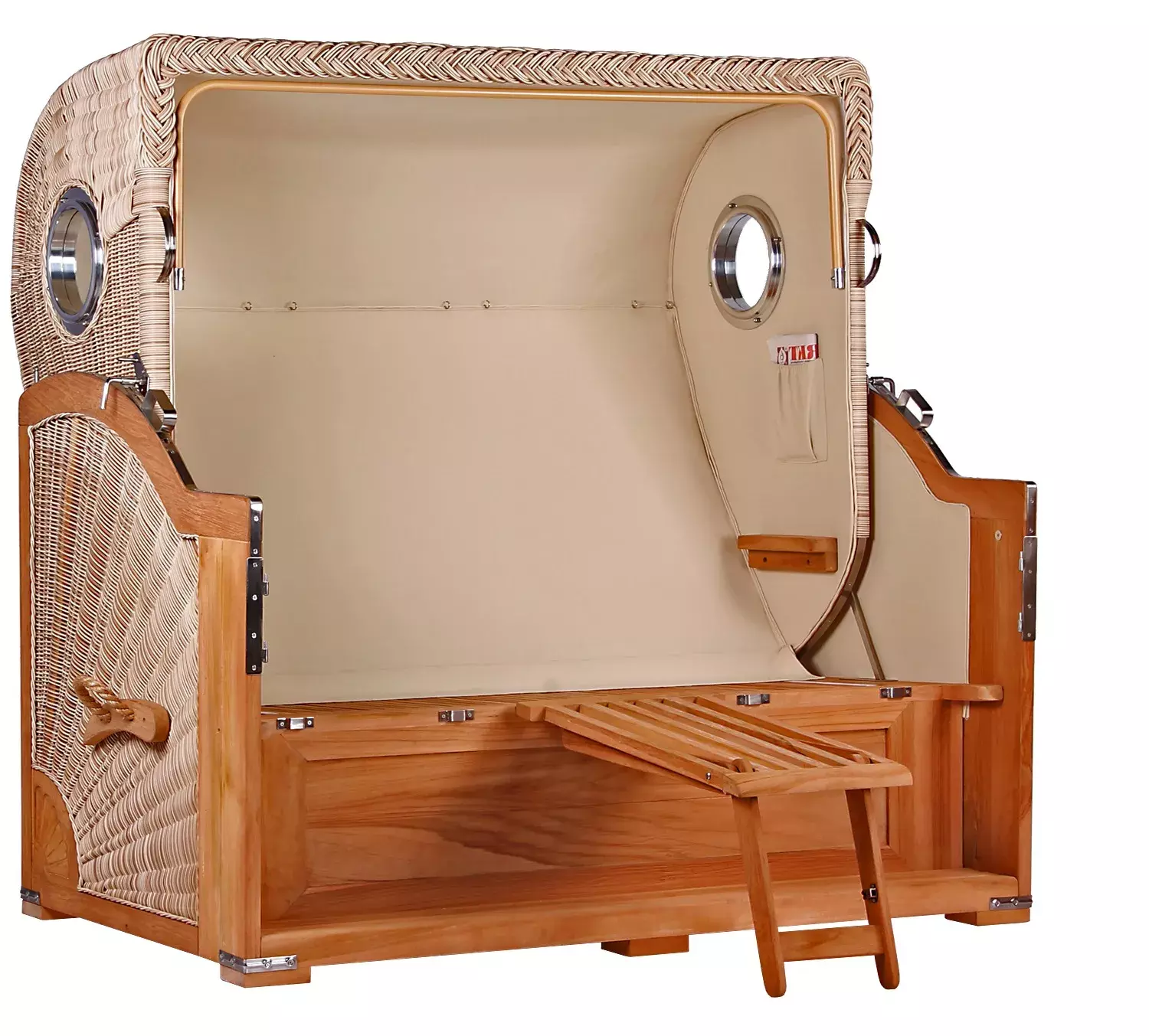 Strandkorb Norderney XXL Teak Bullauge PE Shell Dessin 545 6 Strandkorb Norderney XXL Teak Bullauge PE Shell Dessin 545 – Bild 4