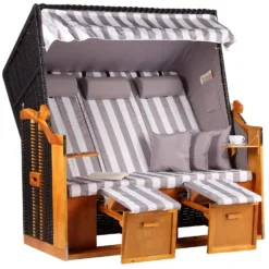 Strandkorb Baltic Dreisitzer PE Schwarz Dessin Grau Weiss