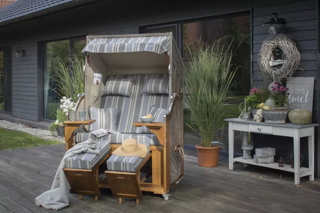 Strandkorb Schleswig Pinie Braun PE Mokka Dessin 555 5 Strandkorb Schleswig Pinie Braun PE Mokka Dessin 555 – Bild 3