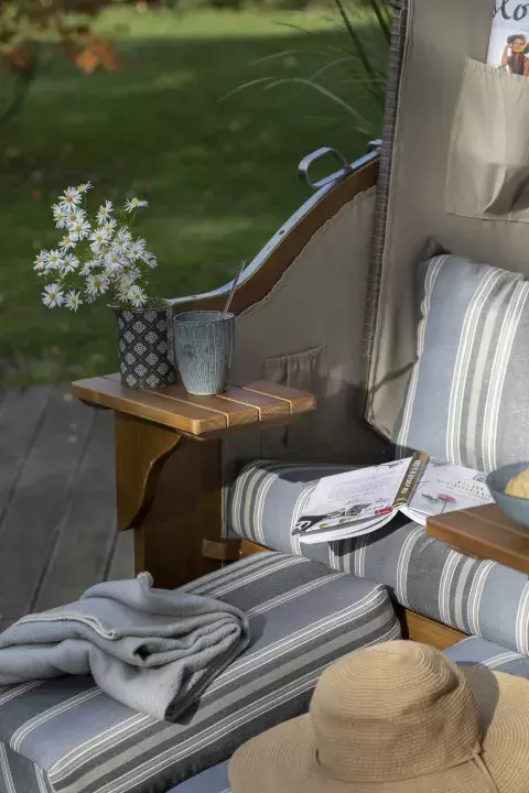 Strandkorb Schleswig Pinie Braun PE Mokka Dessin 555 7 Strandkorb Schleswig Pinie Braun PE Mokka Dessin 555 – Bild 5