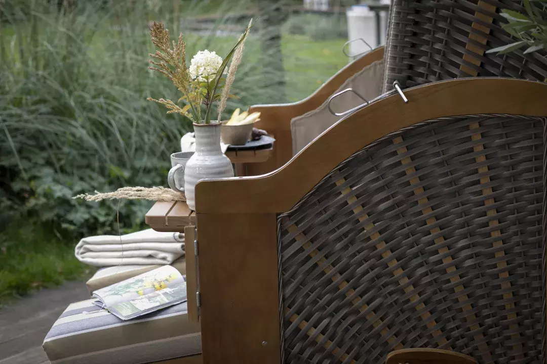 Strandkorb Schleswig Pinie Braun PE Mokka Dessin 557 8 Strandkorb Schleswig Pinie Braun PE Mokka Dessin 557 – Bild 6